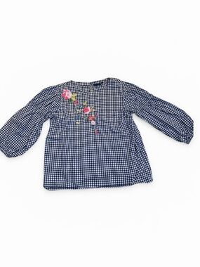 Melissa Paige Gingham Embroidered Puff Sleeve Blouse -  navy/white Petite M